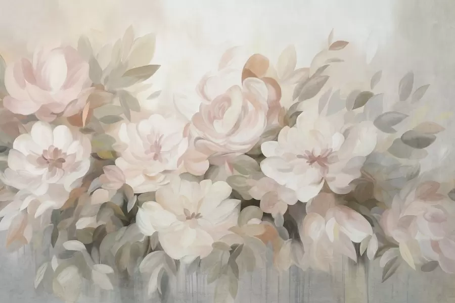 murales de pared Flores de color rosa pálido y blanco con hojas verdes, estilo pictórico, estilo impresionista, arte texturizado w09824
