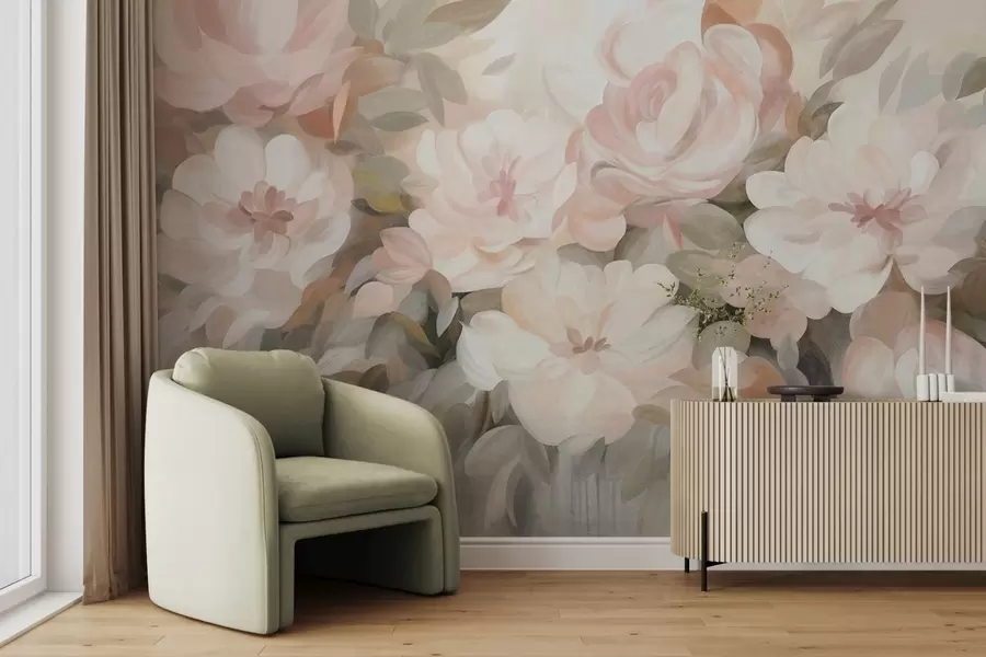 murales de pared Flores de color rosa pálido y blanco con hojas verdes, estilo pictórico, estilo impresionista, arte texturizado w09824