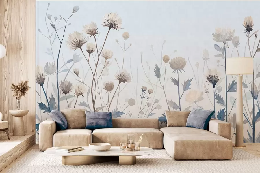 murales de pared Hierbas y flores silvestres pintadas en un estilo paisajístico sobre un fondo claro w05563