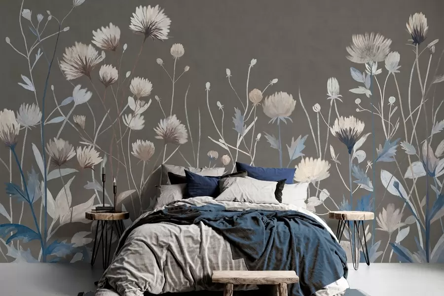 murales de pared Hierbas y flores silvestres de campo representadas con un estilo pictórico sobre un fondo gris-marrón w05563v2
