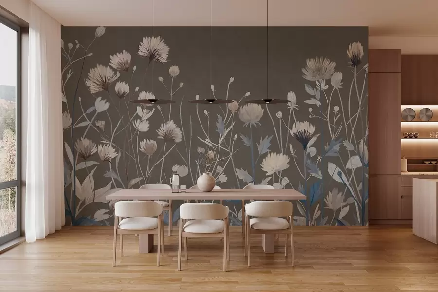 murales de pared Hierbas y flores silvestres de campo representadas con un estilo pictórico sobre un fondo gris-marrón w05563v2