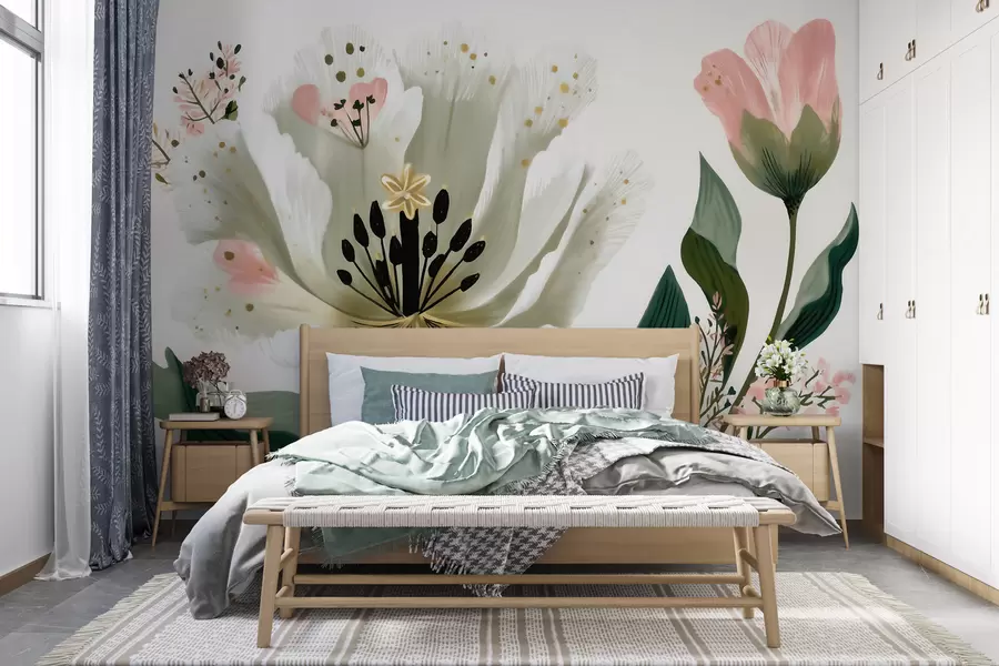murales de pared Una flor con hojas verdes y toques de color rosa pálido en estilo acuarela w09836