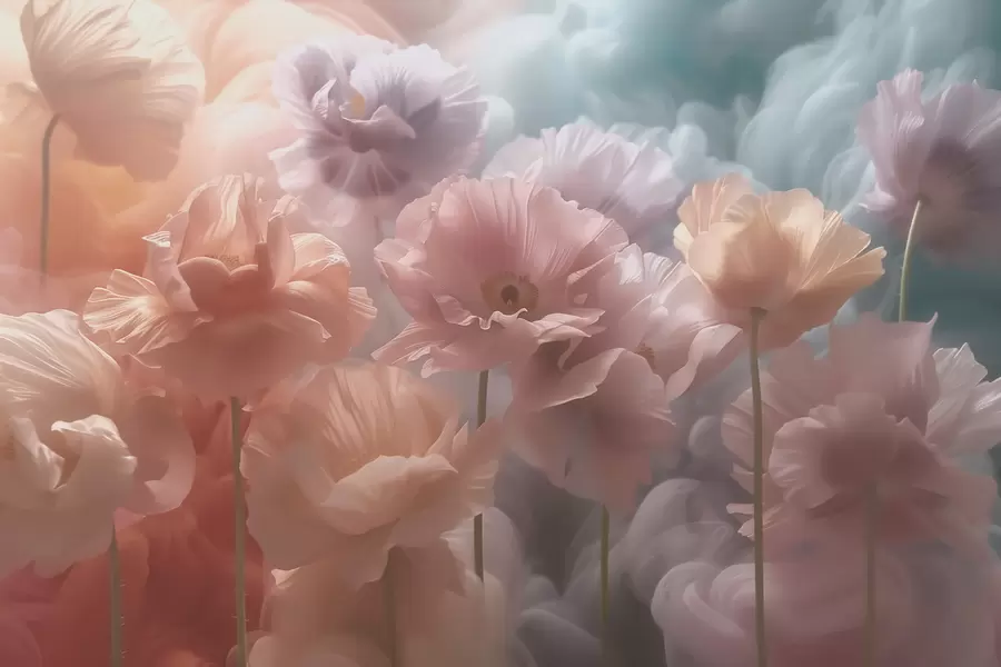 murales de pared Flores etéreas con pétalos translúcidos a la suave luz de la mañana w09847