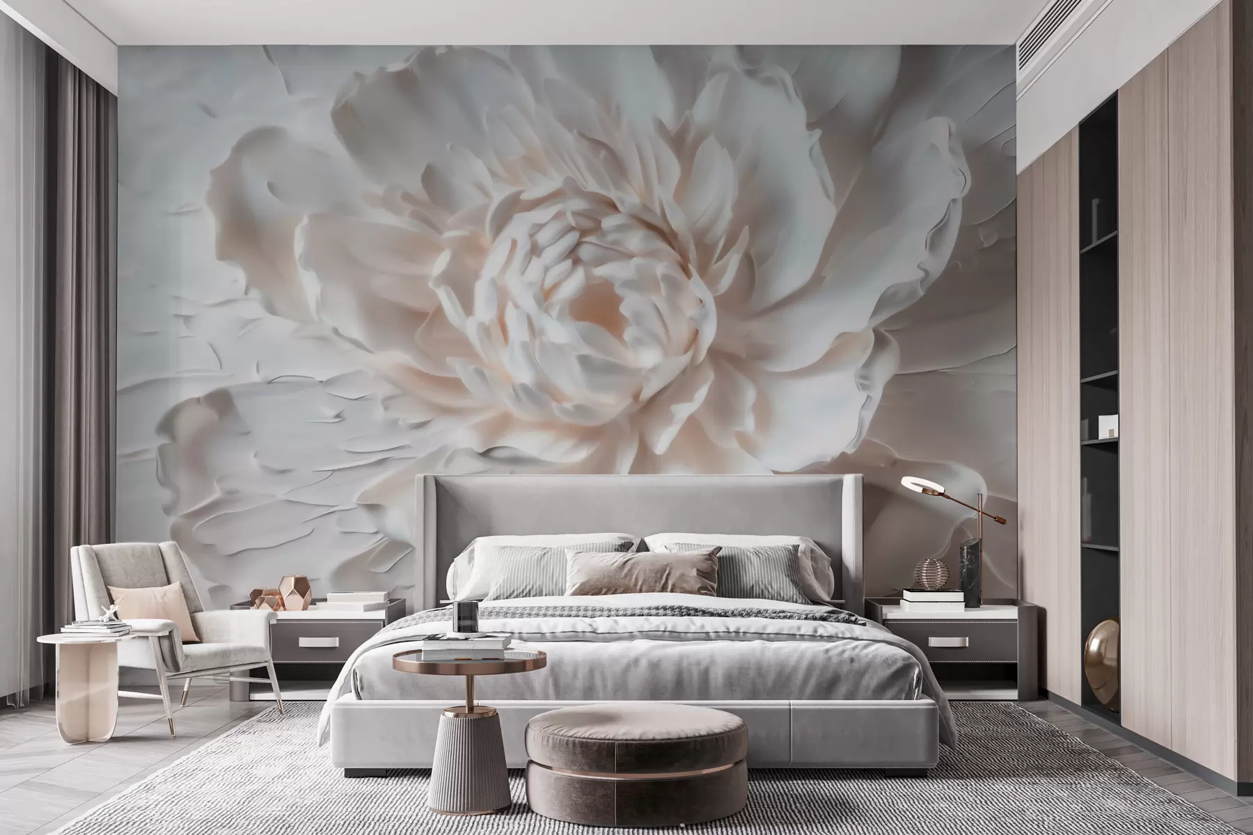 murales de pared Una delicada flor en bajorrelieve con pétalos lisos en tonos claros w09861