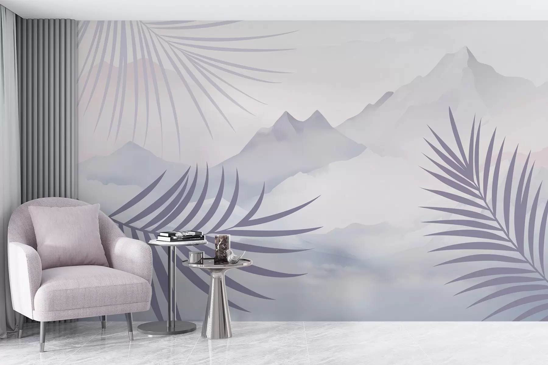 murales de pared Hojas de palmera con las montañas de fondo w05548