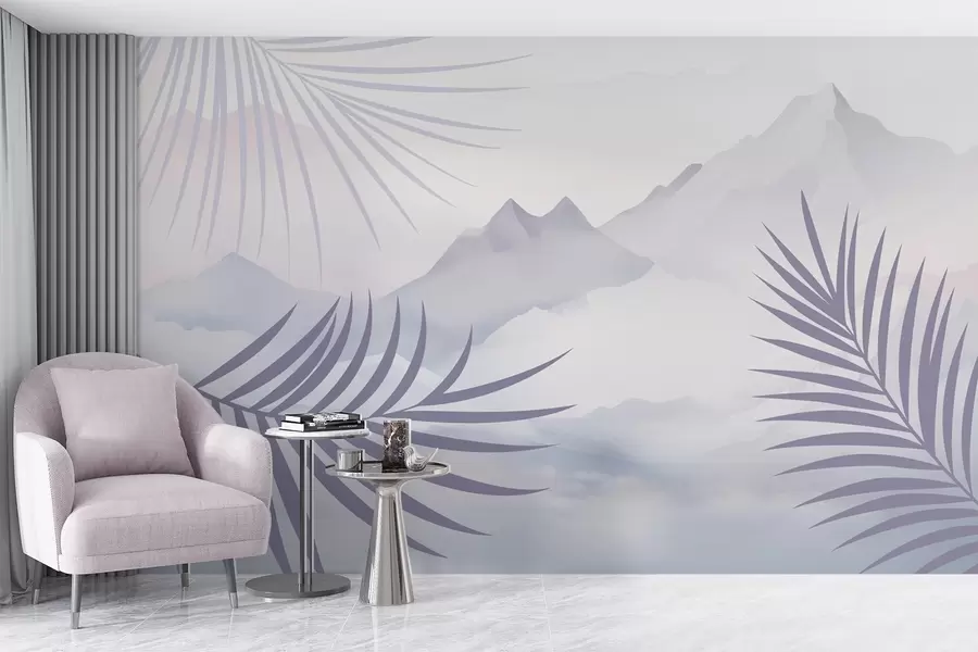murales de pared Hojas de palmera con las montañas de fondo w05548