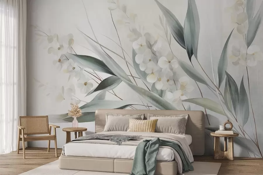 murales de pared Flores delicadas y largas hojas verdes en un estilo pictórico con sutiles pinceladas, obra de arte con textura w09827