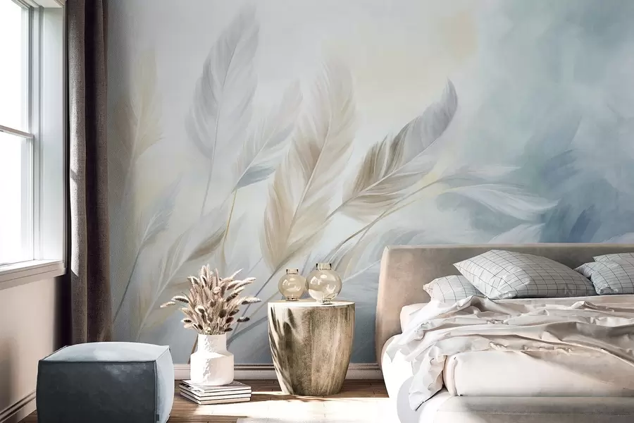 murales de pared Plumas en tonos pastel con textura y bordes suaves y difuminados, sobre un fondo de estilo acuarela w09833