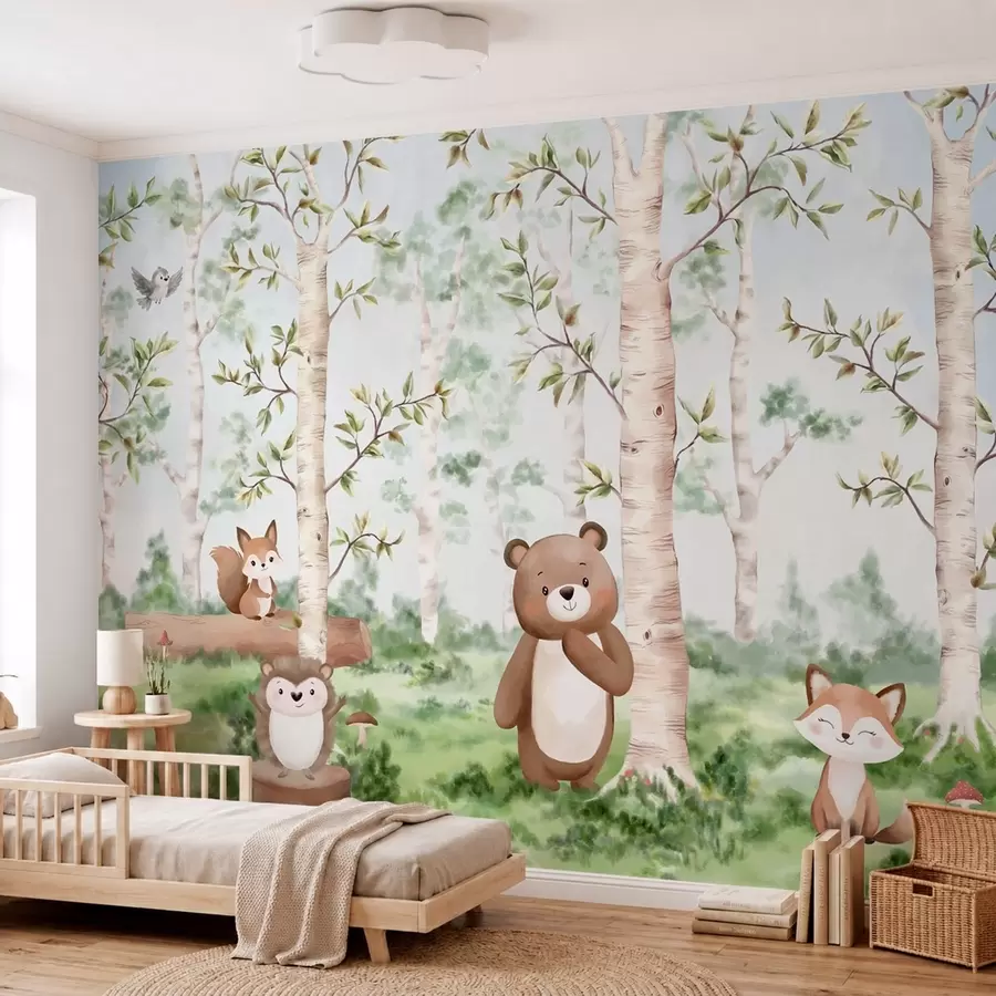 murales de pared Una ilustración infantil de un bosque en la que aparecen un oso, un zorro y un erizo w05532