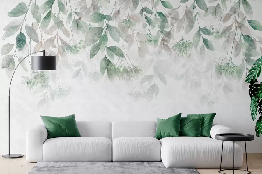 murales de pared hojas con textura y en cascada, con flores en tonos verdes y beige w05565v2