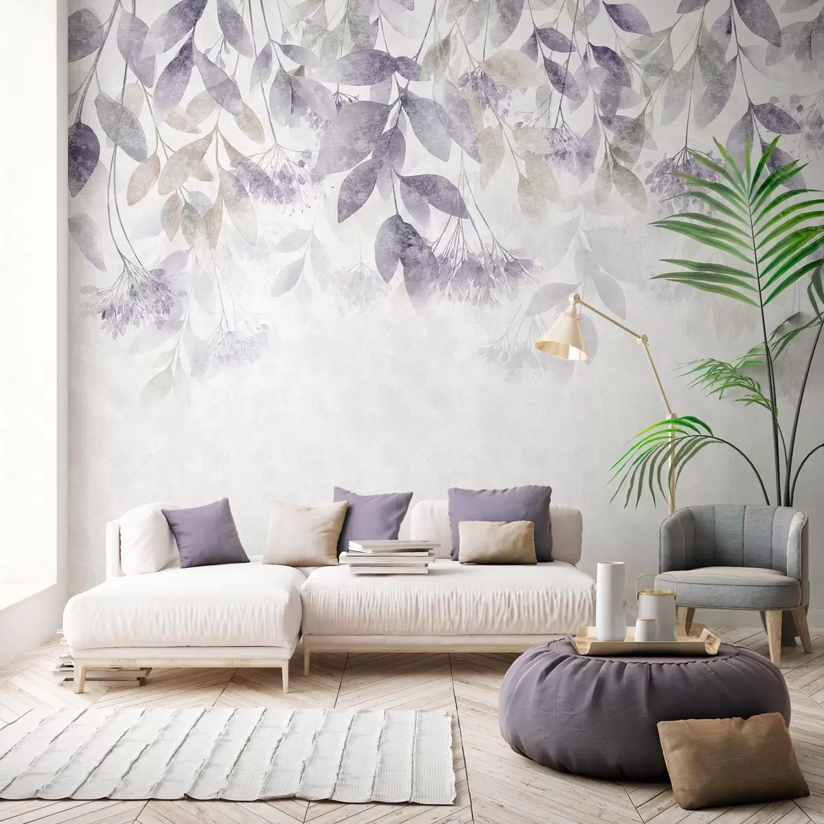 murales de pared hojas con textura y en cascada, con flores en tonos morados y beige w05565v3