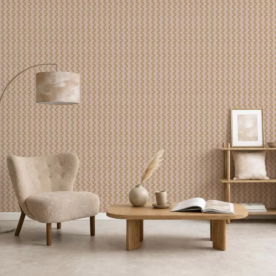 murales de pared Diseño ondulado en tonos mostaza sobre fondo beige a01187v1