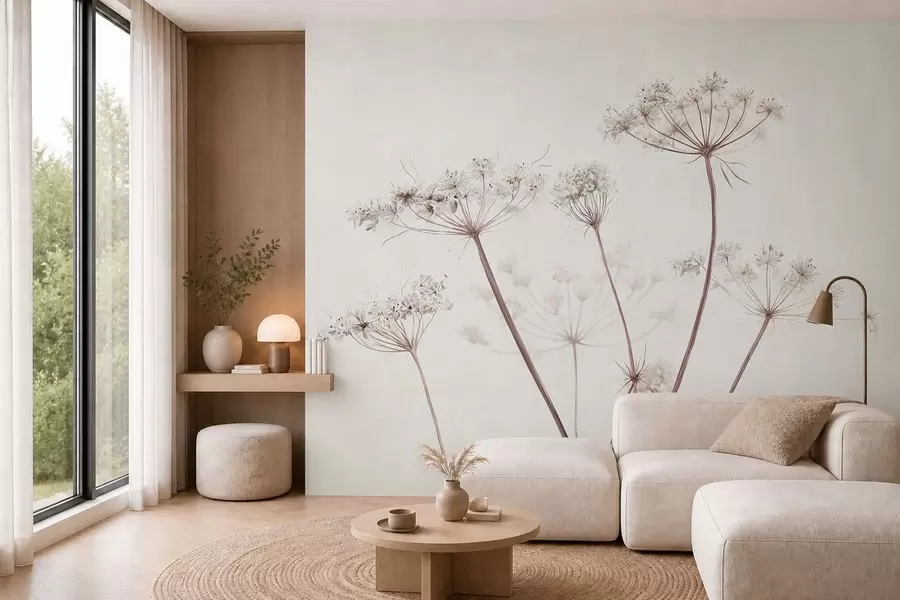 murales de pared Umbelas secas sobre un fondo claro y minimalista w05543