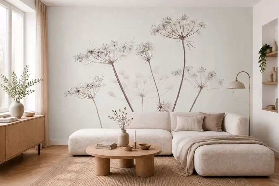 murales de pared Umbelas secas sobre un fondo claro y minimalista w05543