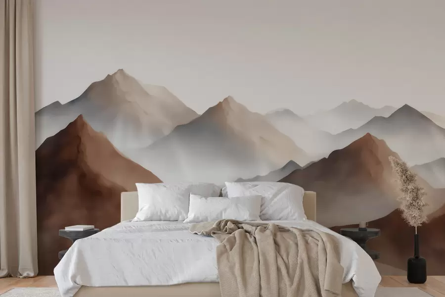 murales de pared Cumbres brumosas en tonos beige y marrón, con un estilo de acuarela w09857