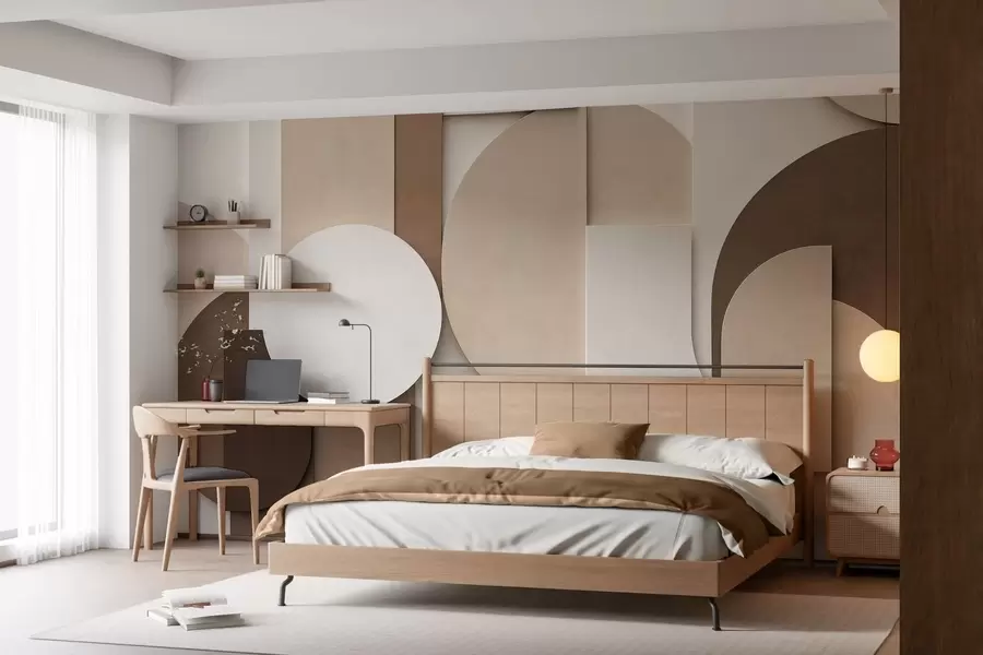 murales de pared Formas geométricas en beige con textura en una composición tridimensional en capas; obra de arte minimalista y moderna para la pared w05598