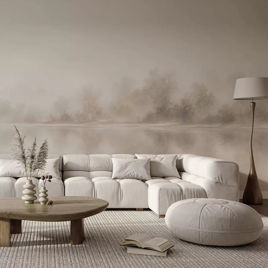 murales de pared Paisaje brumoso minimalista con delicados reflejos en tonos neutros cálidos w05606