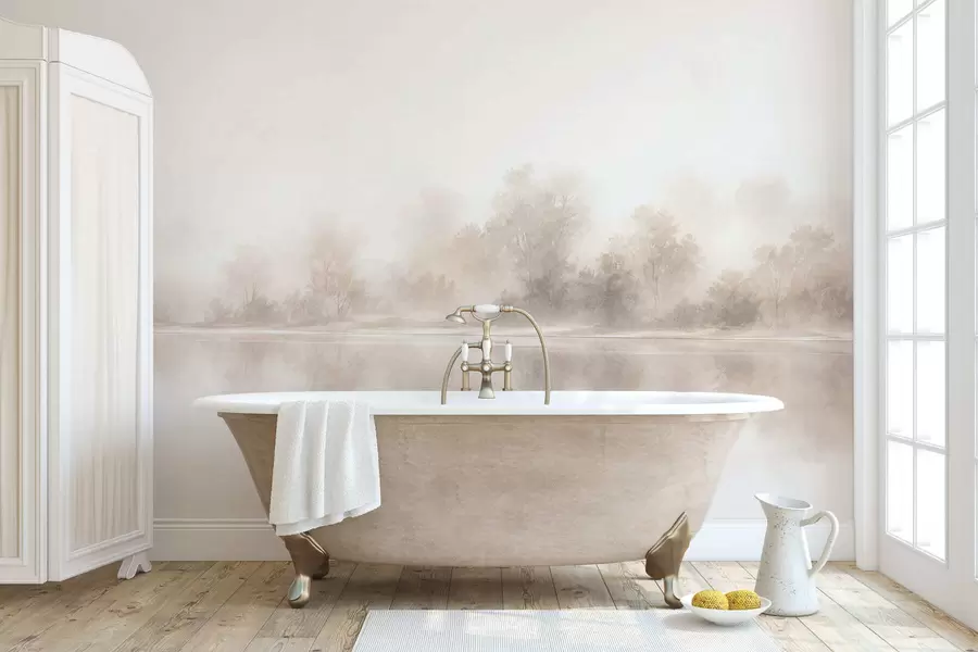 murales de pared Paisaje brumoso minimalista con delicados reflejos en tonos neutros cálidos w05606