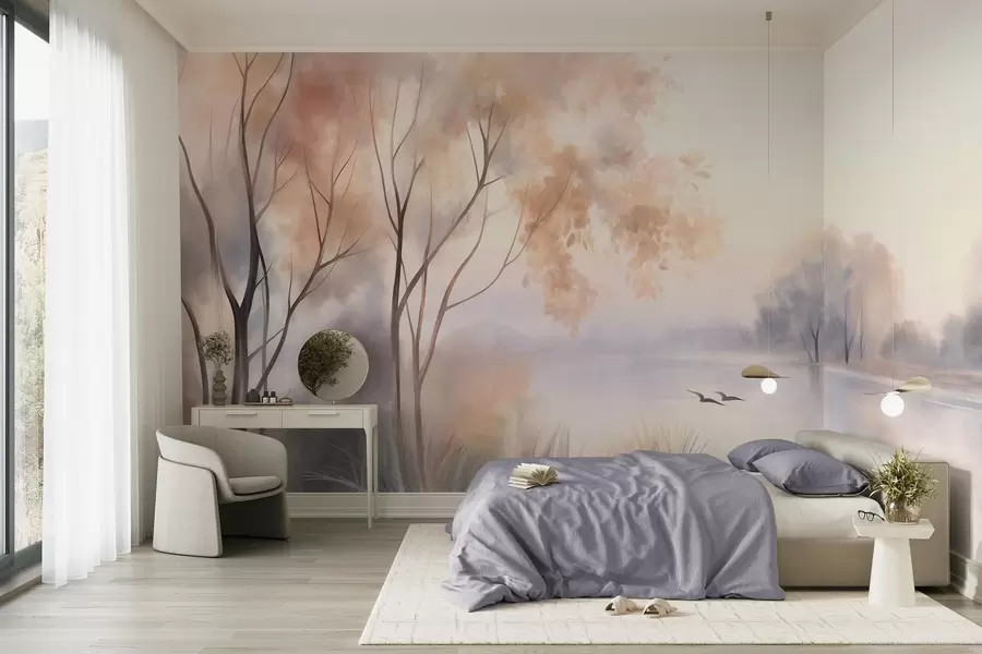 murales de pared Paisaje: un lago envuelto en niebla con árboles y juncos, pájaros volando, estilo de pintura en acuarela con textura w09866