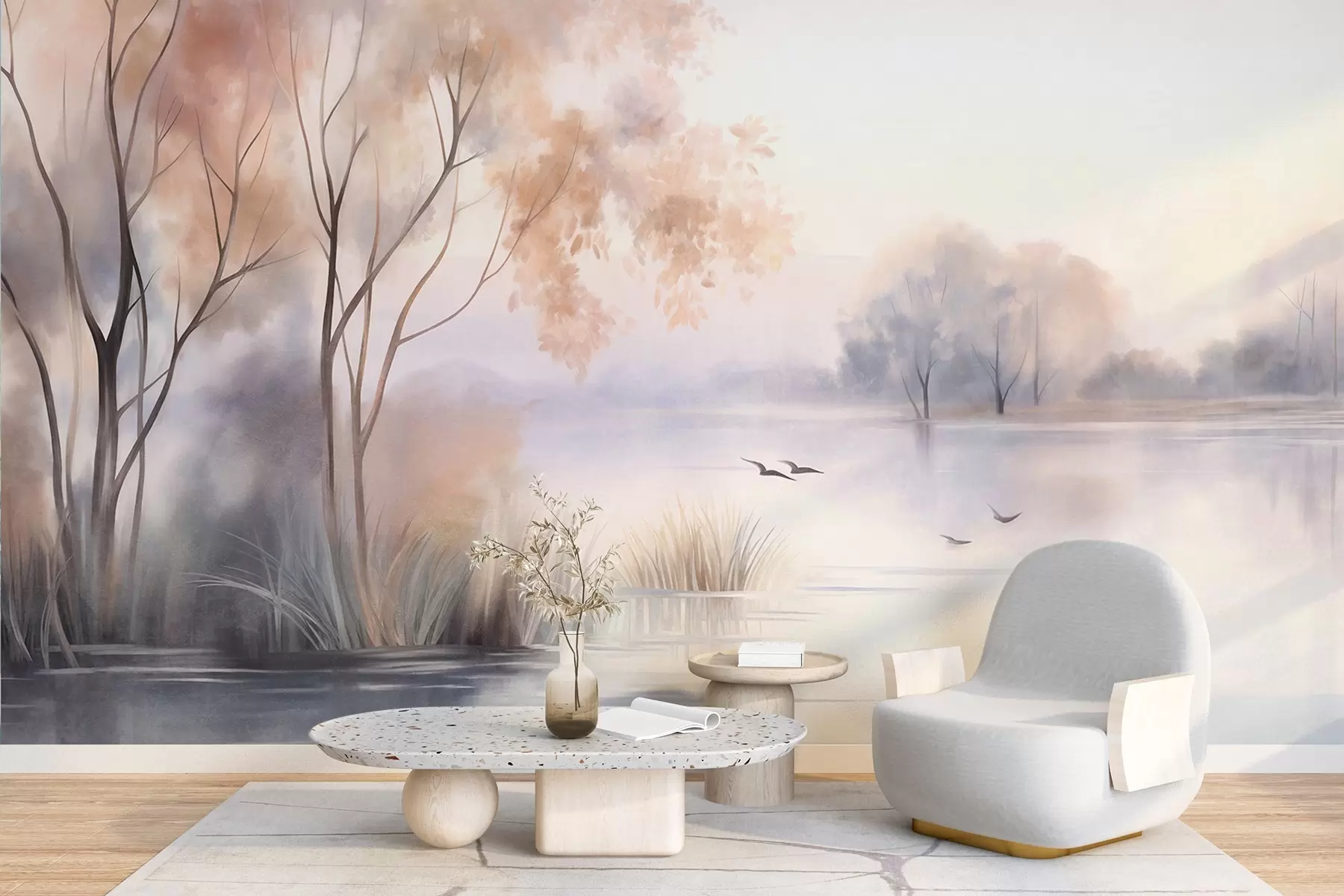 murales de pared Paisaje: un lago envuelto en niebla con árboles y juncos, pájaros volando, estilo de pintura en acuarela con textura w09866