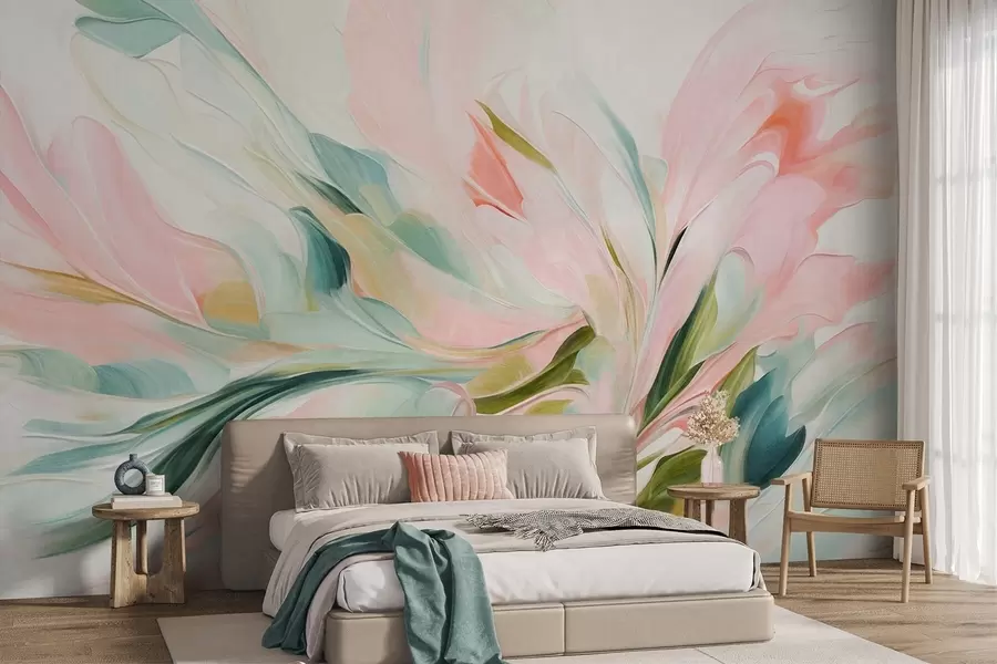 murales de pared Pintura floral abstracta con suaves pinceladas en tonos pastel sobre un fondo claro w09871