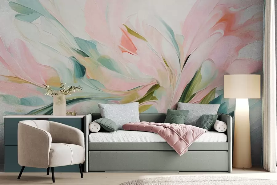 murales de pared Pintura floral abstracta con suaves pinceladas en tonos pastel sobre un fondo claro w09871
