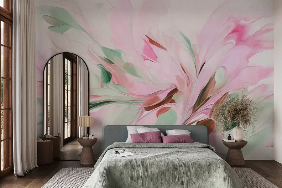 murales de pared Pintura floral abstracta con suaves pinceladas en tonos pastel sobre un fondo claro w09871v1