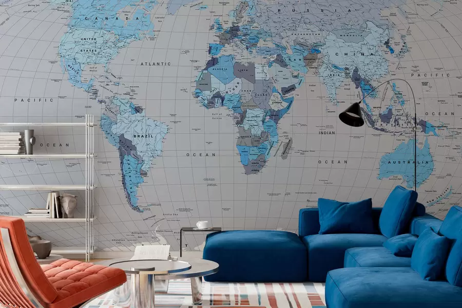 murales de pared Un mapa político del mundo con banderas en tonos azules, en inglés c00004env3
