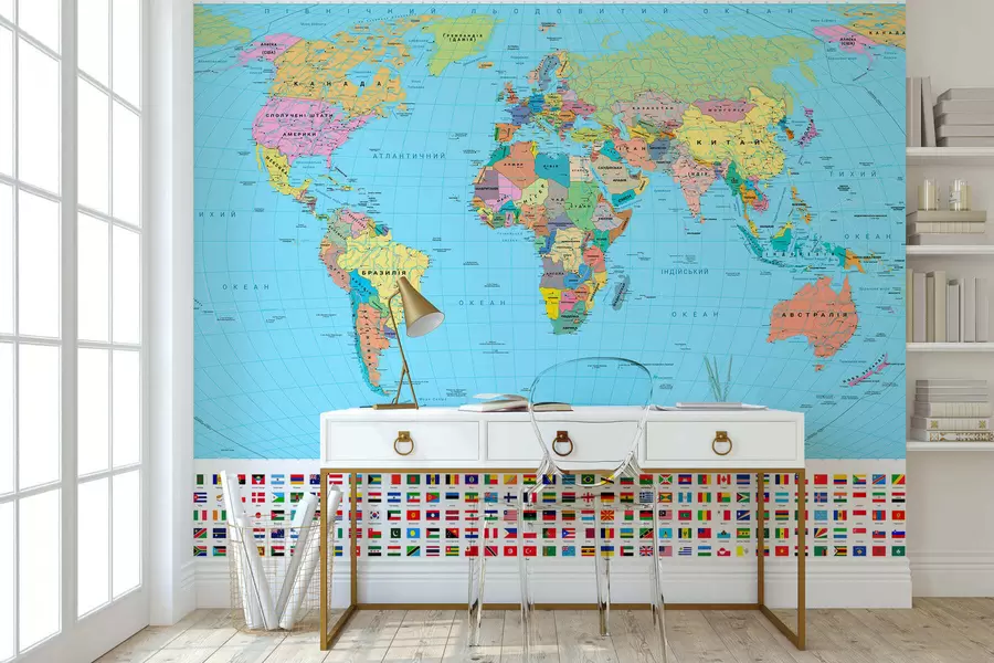 murales de pared Un mapa político del mundo de color oliva con banderas, en ucraniano c00004uk