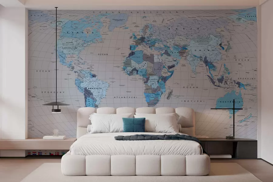 murales de pared Un mapa político del mundo con banderas en tonos azules. En polaco c00004plv3