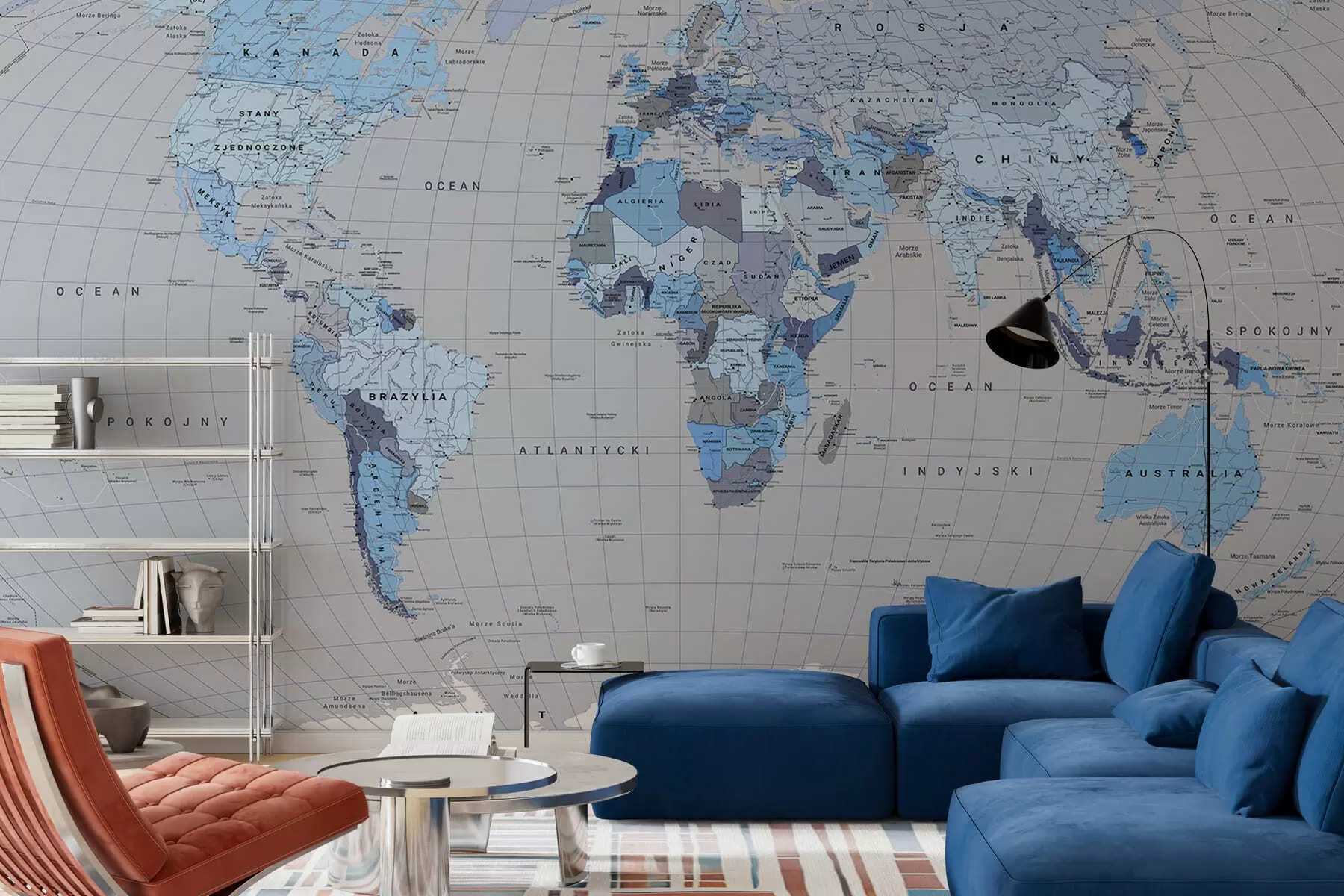 murales de pared Un mapa político del mundo con banderas en tonos azules. En polaco c00004plv3