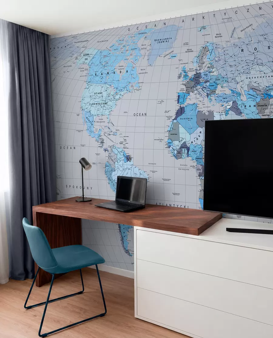 murales de pared Un mapa político del mundo con banderas en tonos azules. En polaco c00004plv3