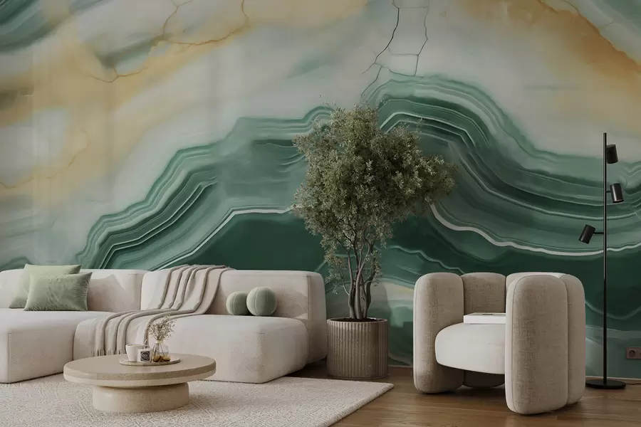 murales de pared Imitación de un patrón abstracto con textura de mármol, en tonos verdes y amarillos w05587
