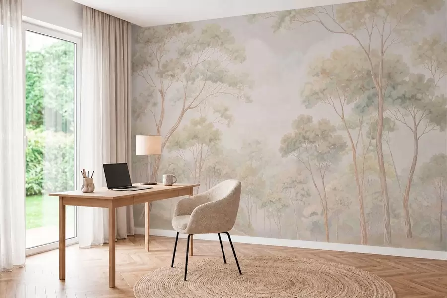 murales de pared Escena forestal luminosa con árboles altos w05624
