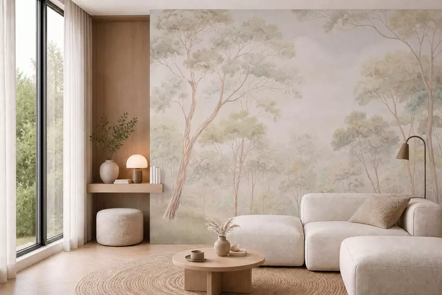 murales de pared Escena forestal luminosa con árboles altos w05624