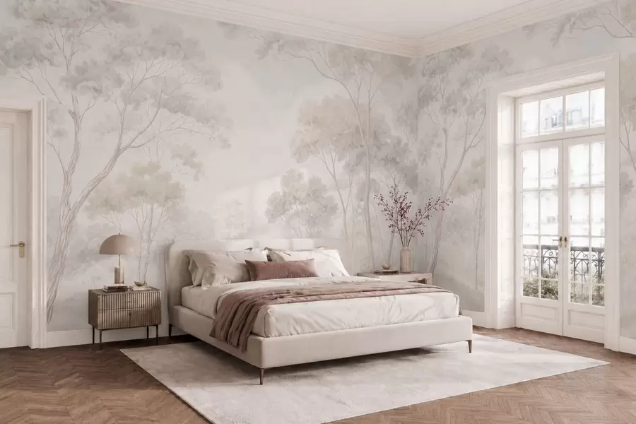murales de pared Un bosque brumoso y apacible en tonos pastel w05624v1