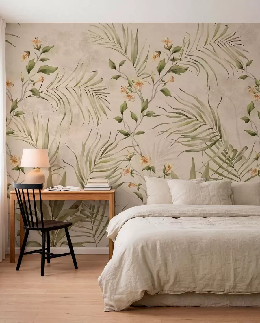 murales de pared Hojas tropicales y flores delicadas sobre un fondo beige w05625