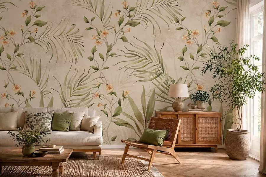 murales de pared Hojas tropicales y flores delicadas sobre un fondo beige w05625