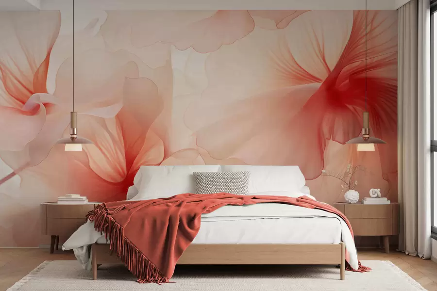 murales de pared Flores en tonos rosados suaves con pétalos vaporosos y translúcidos, al estilo acuarela; una elegante composición floral w05360