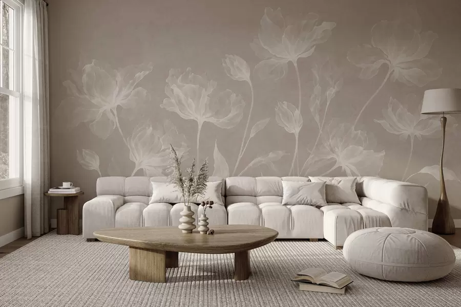 murales de pared Flores elegantes y ligeras, con pétalos translúcidos en capas y tallos largos y delicados w05579v1