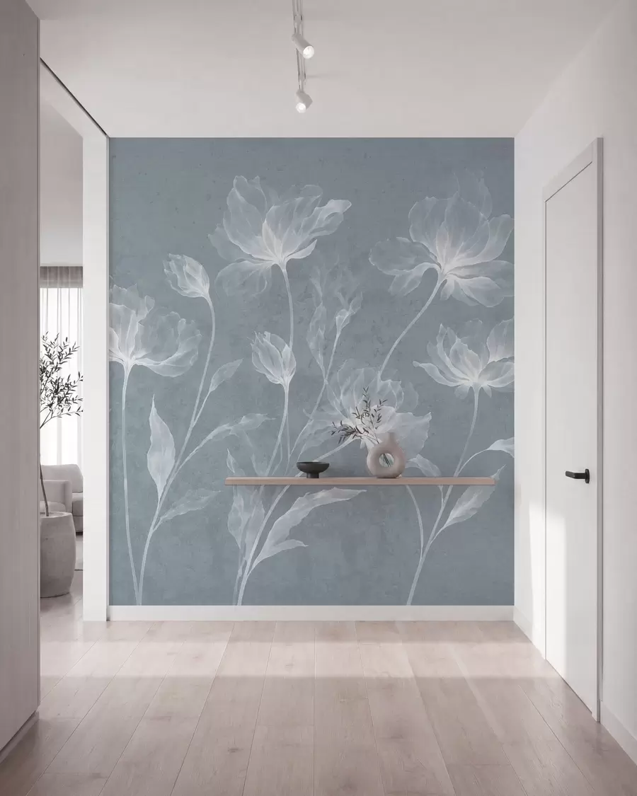 murales de pared Flores elegantes y ligeras, con pétalos translúcidos en capas y tallos largos y delicados w05579v2