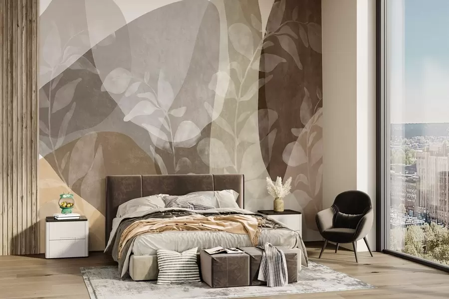 murales de pared Formas abstractas en tonos tierra se superponen a elementos botánicos transparentes y a obras de arte con textura w09865