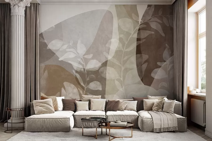 murales de pared Formas abstractas en tonos tierra se superponen a elementos botánicos transparentes y a obras de arte con textura w09865