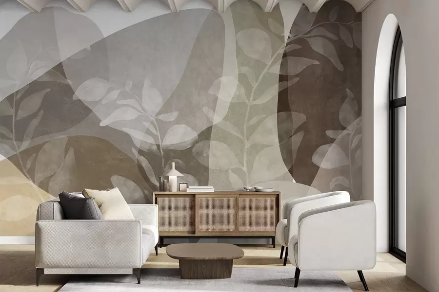 murales de pared Formas abstractas en tonos tierra se superponen a elementos botánicos transparentes y a obras de arte con textura w09865