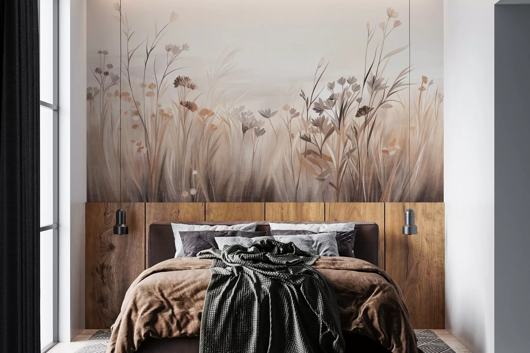murales de pared Un campo de flores silvestres en tonos apagados de marrón y beige, con hierbas altas y delicadas flores w09872