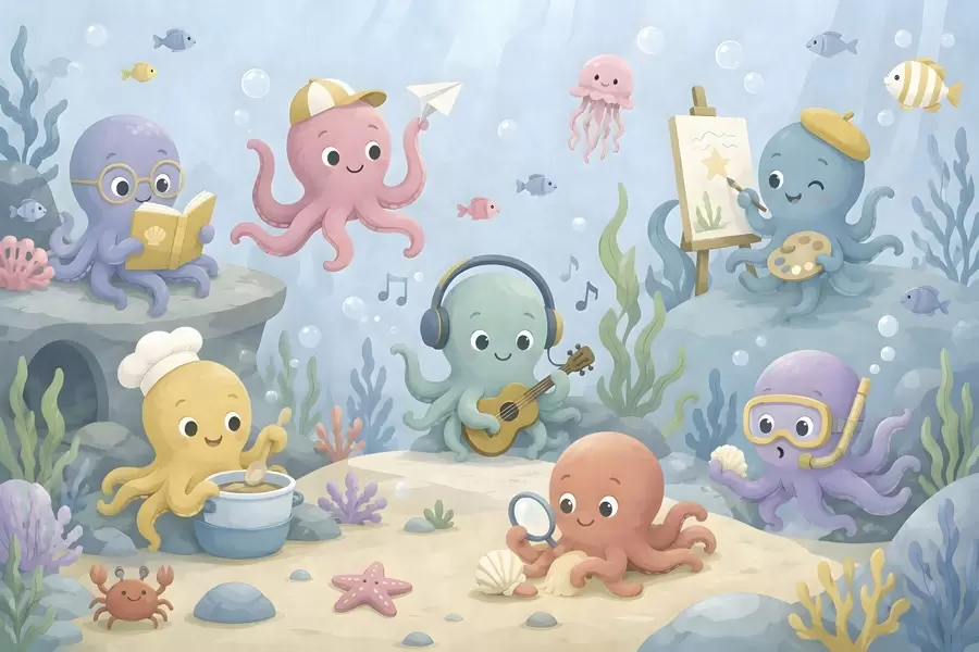 murales de pared Alegres y creativos pulpos del mundo submarino w05568