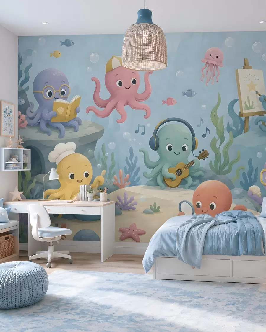 murales de pared Alegres y creativos pulpos del mundo submarino w05568