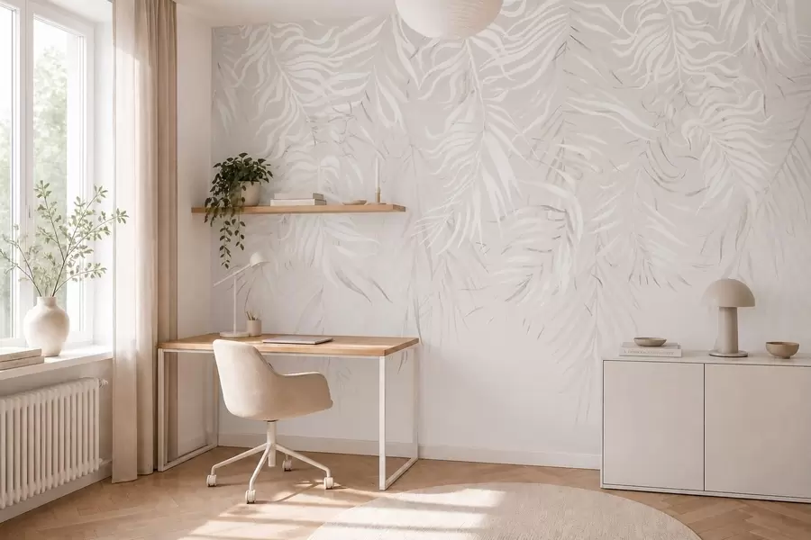 murales de pared Hojas tropicales blancas sobre fondo claro w05627v1