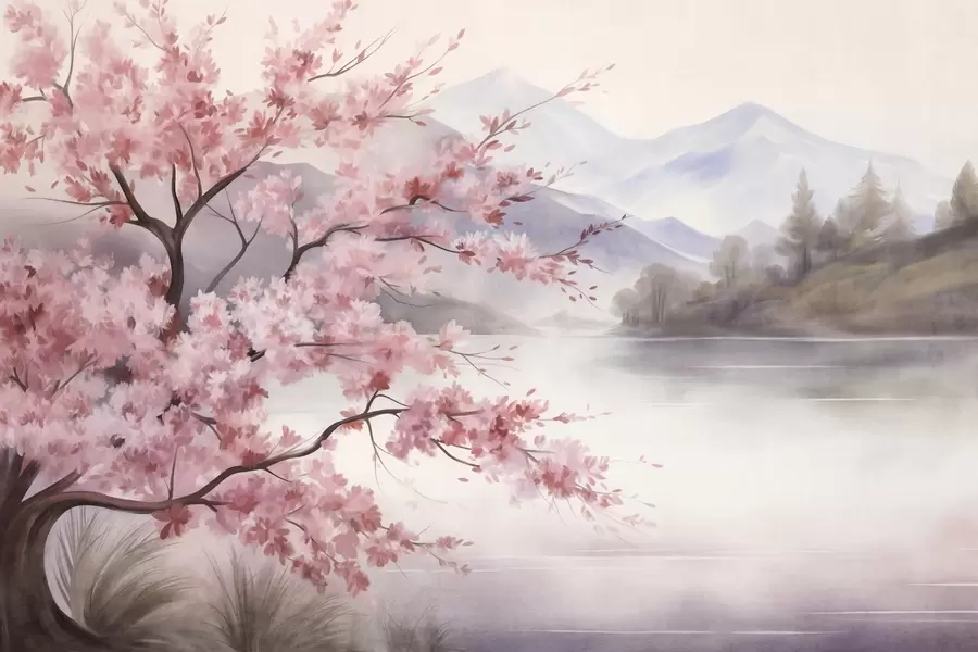 murales de pared Paisaje: un árbol con flores rosas, un lago y montañas envueltas en niebla al fondo w09870