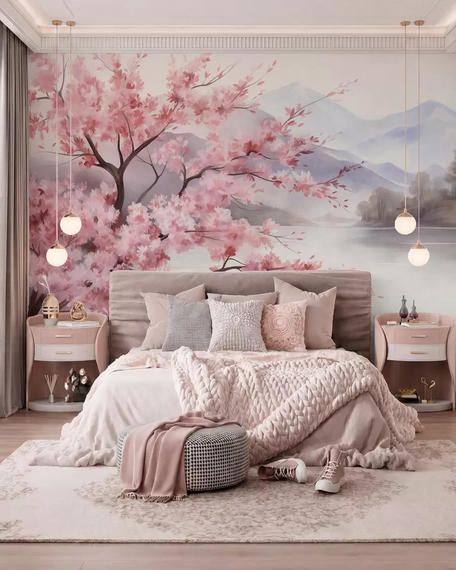 murales de pared Paisaje: un árbol con flores rosas, un lago y montañas envueltas en niebla al fondo w09870